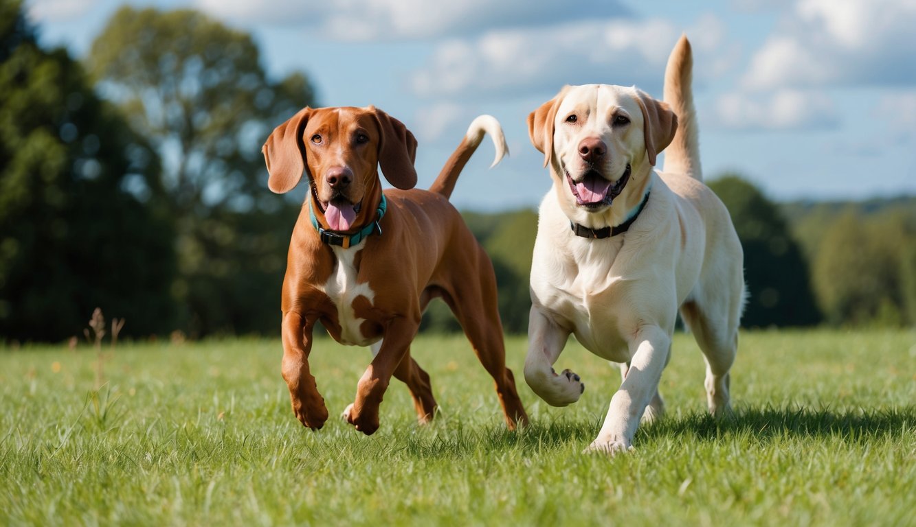 A brown Vizsla and a cream-colored Labrador run side by side on a green grassy field with trees and a blue sky in the background.
