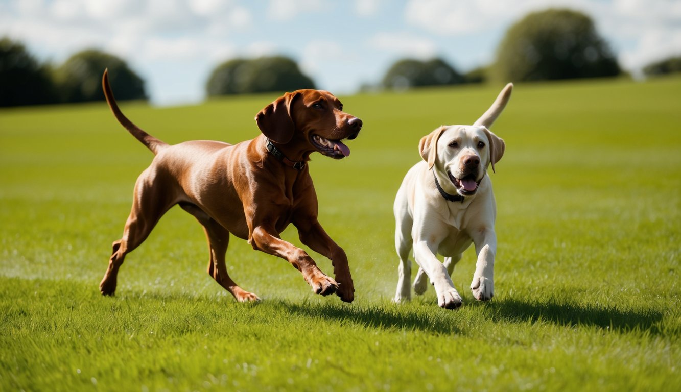Two dogs, a brown Vizsla and a white Labrador, running on grass in a sunny park, displaying the joy that makes them contenders for the title of Best Family Dog.