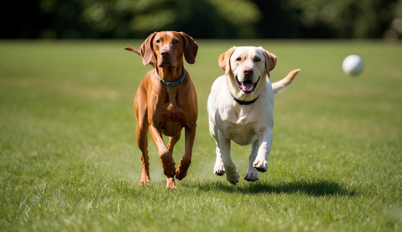 Two family dogs sprint across the lush grass; a lively Vizsla with a teal collar and an energetic Labrador with a black collar.