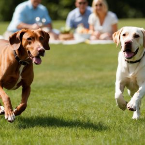 Two dogs, a lively Vizsla and a playful Labrador, chase each other on the grass, while families enjoy a picnic in the background.