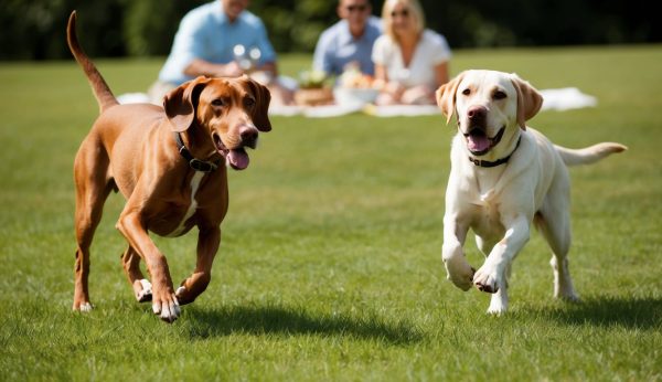 Two dogs, a lively Vizsla and a playful Labrador, chase each other on the grass, while families enjoy a picnic in the background.