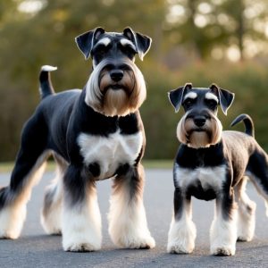 Two Miniature Schnauzers stand on a paved path in a park, surrounded by greenery, with their ears perked up, showcasing their alert temperament.
