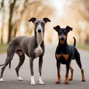 Two dogs stand on a tree-lined path, one resembling an Italian Greyhound with its sleek gray and white markings, while the other hints at Miniature Pinscher traits with its bold black and brown markings, both facing forward.
