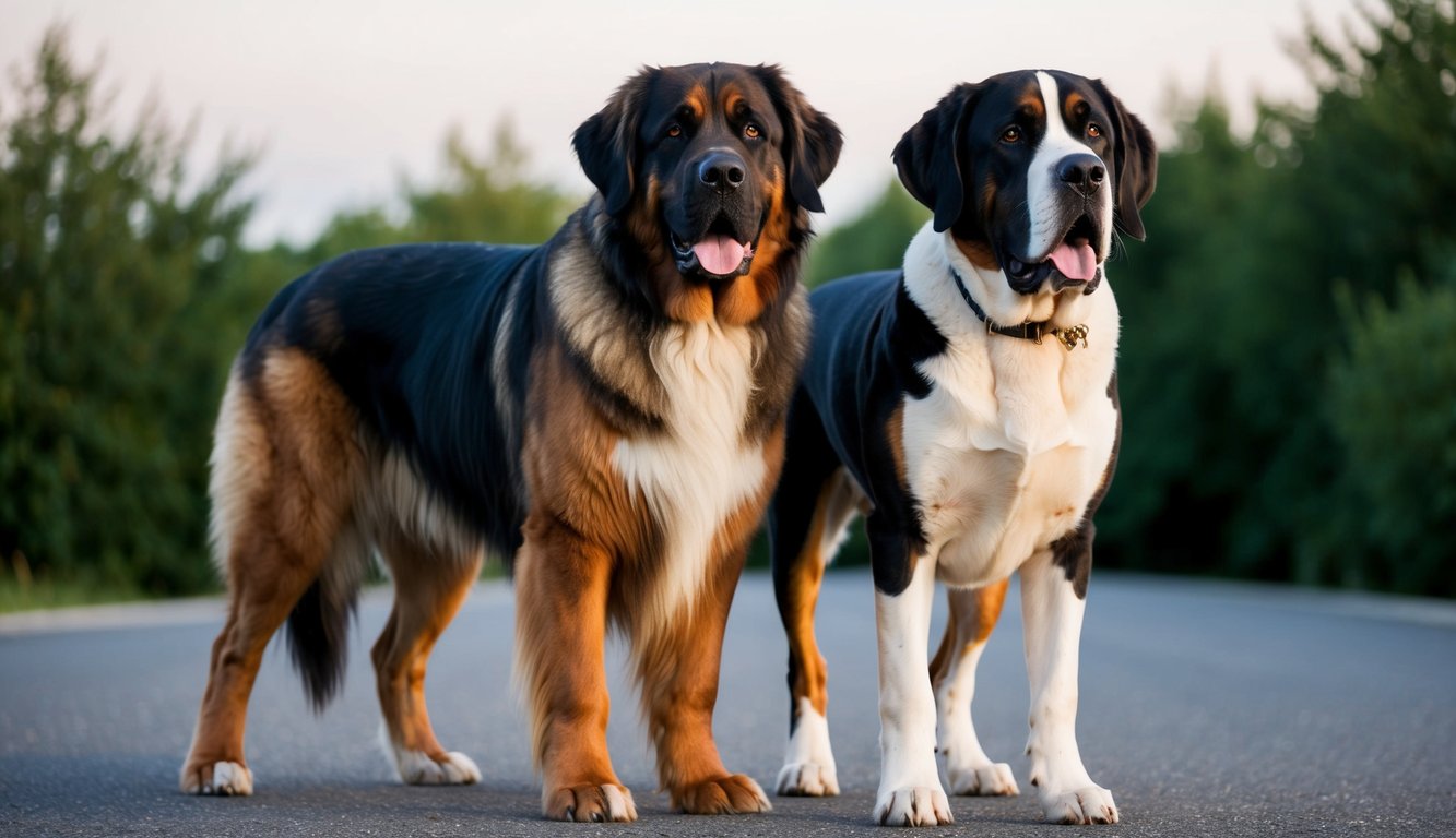 Two large dogs with thick coats, a Saint Bernard and a Leonberger, stand on a road with greenery in the background, both looking forward, resembling a giant breed comparison.