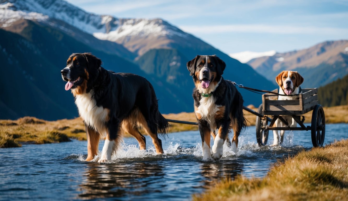 Two large dogs, resembling the Saint Bernard in stature, pull a small wooden cart through a shallow stream in a mountainous landscape, carrying a smaller dog inside.