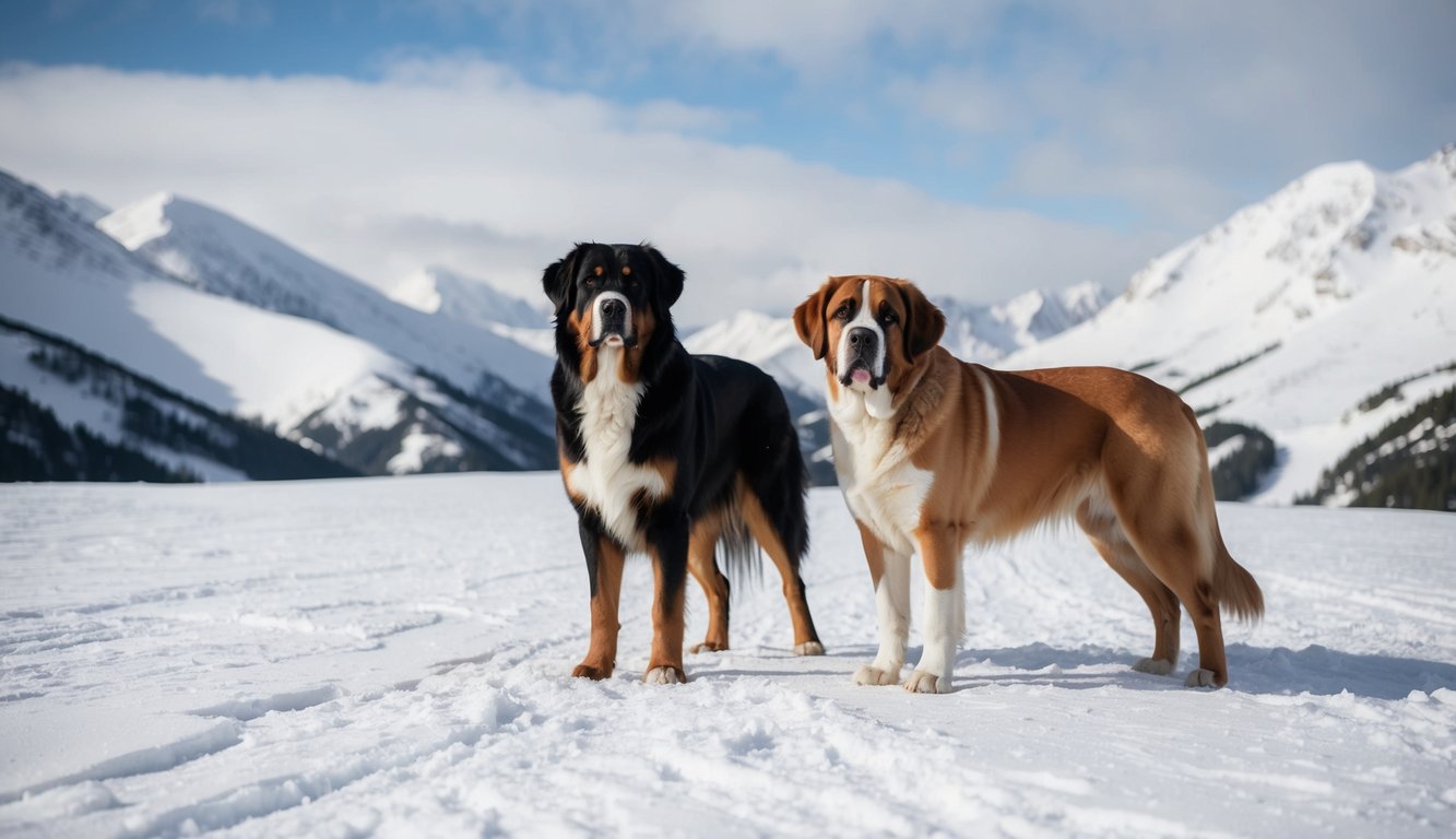 Two dogs, reminiscent of the majestic Saint Bernard and Leonberger breeds, stand on a snowy landscape with mountains in the background. One dog has black, white, and tan fur; the other has tan and white fur.