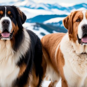 Two large dogs stand on snow, one with black and white fur, the other with brown and white fur—an epitome of a giant breed comparison guide. Snowy mountains serve as their majestic backdrop.