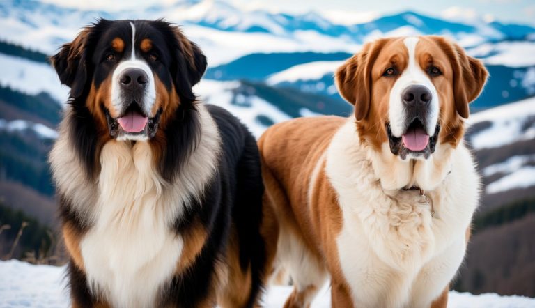 Two large dogs stand on snow, one with black and white fur, the other with brown and white fur—an epitome of a giant breed comparison guide. Snowy mountains serve as their majestic backdrop.
