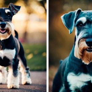 Two Miniature Schnauzers with black and white fur. The left one is standing outdoors, while the right one is sitting. Both have trimmed beards and alert expressions, showcasing their keen temperament.