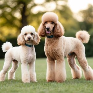 Two poodles—a Standard Poodle with a fluffy coat and a sprightly Miniature Poodle—stand on grass in a park setting, their collars gleaming against the backdrop of trees.