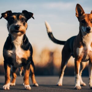 Two dogs stand on concrete, highlighting breed differences. The brown and white one, resembling a Fox Terrier with its upright ears, contrasts the black and brown companion with floppy ears against a blurred outdoor background.