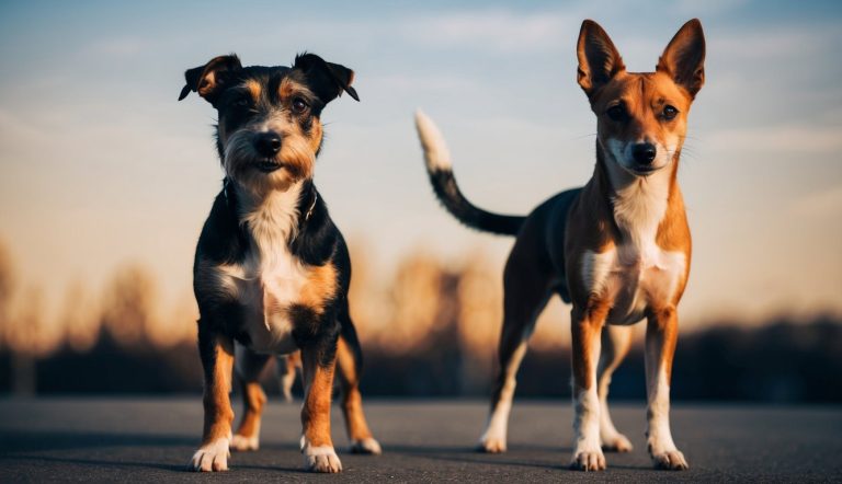 Two dogs stand on concrete, highlighting breed differences. The brown and white one, resembling a Fox Terrier with its upright ears, contrasts the black and brown companion with floppy ears against a blurred outdoor background.