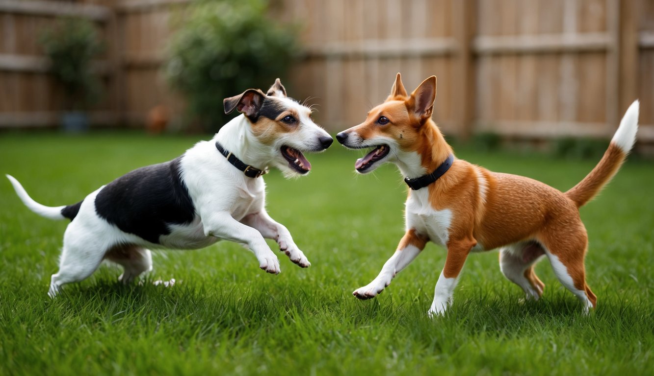 Two popular breeds, a Fox Terrier and a Rat Terrier, are playing energetically on a grassy lawn in a fenced yard.