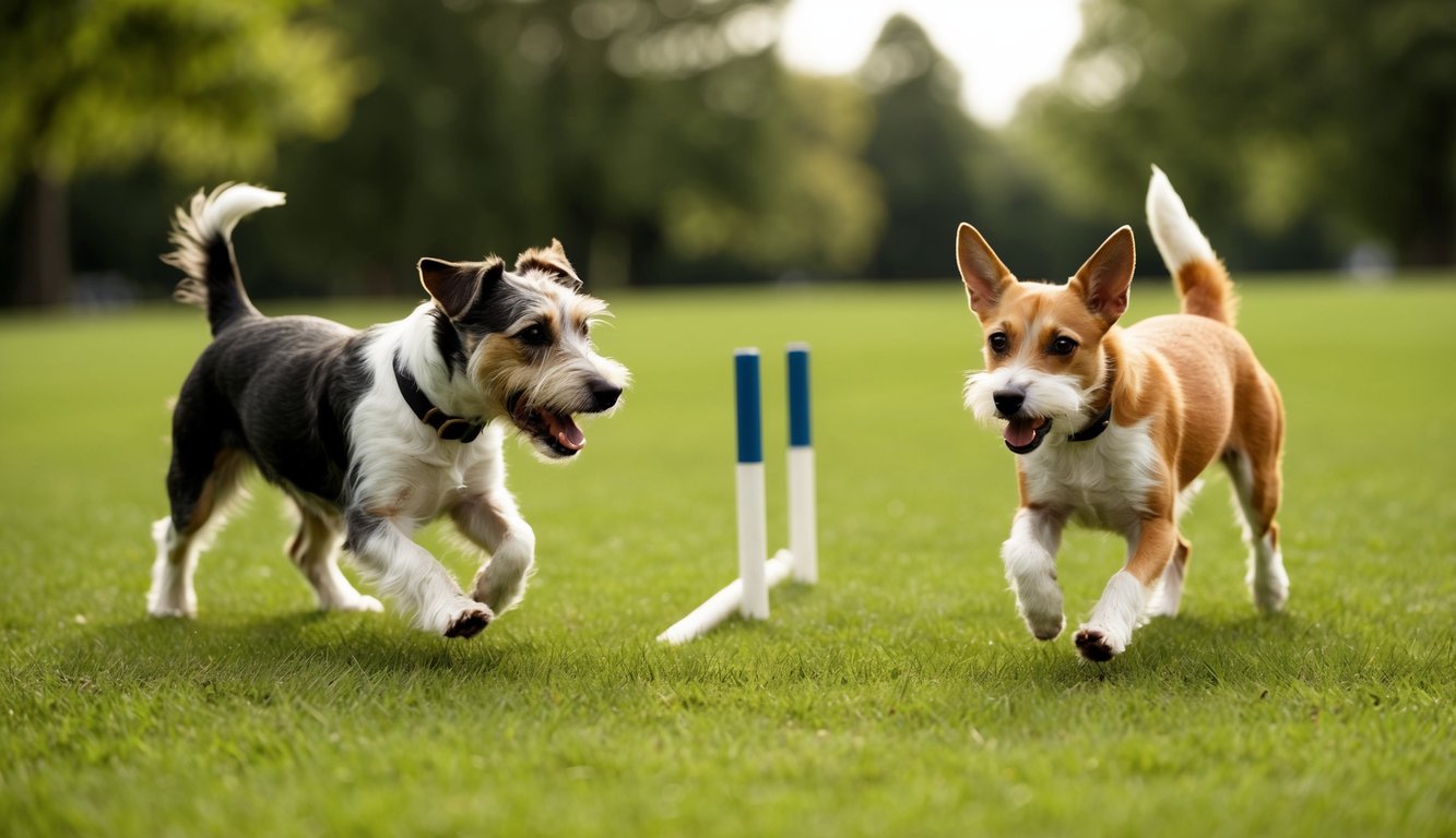 Two dogs, a lively Rat Terrier and a cheerful brown and white companion, dash across the grass near agility poles. With playful expressions on their faces, they enjoy the open space with trees in the background.