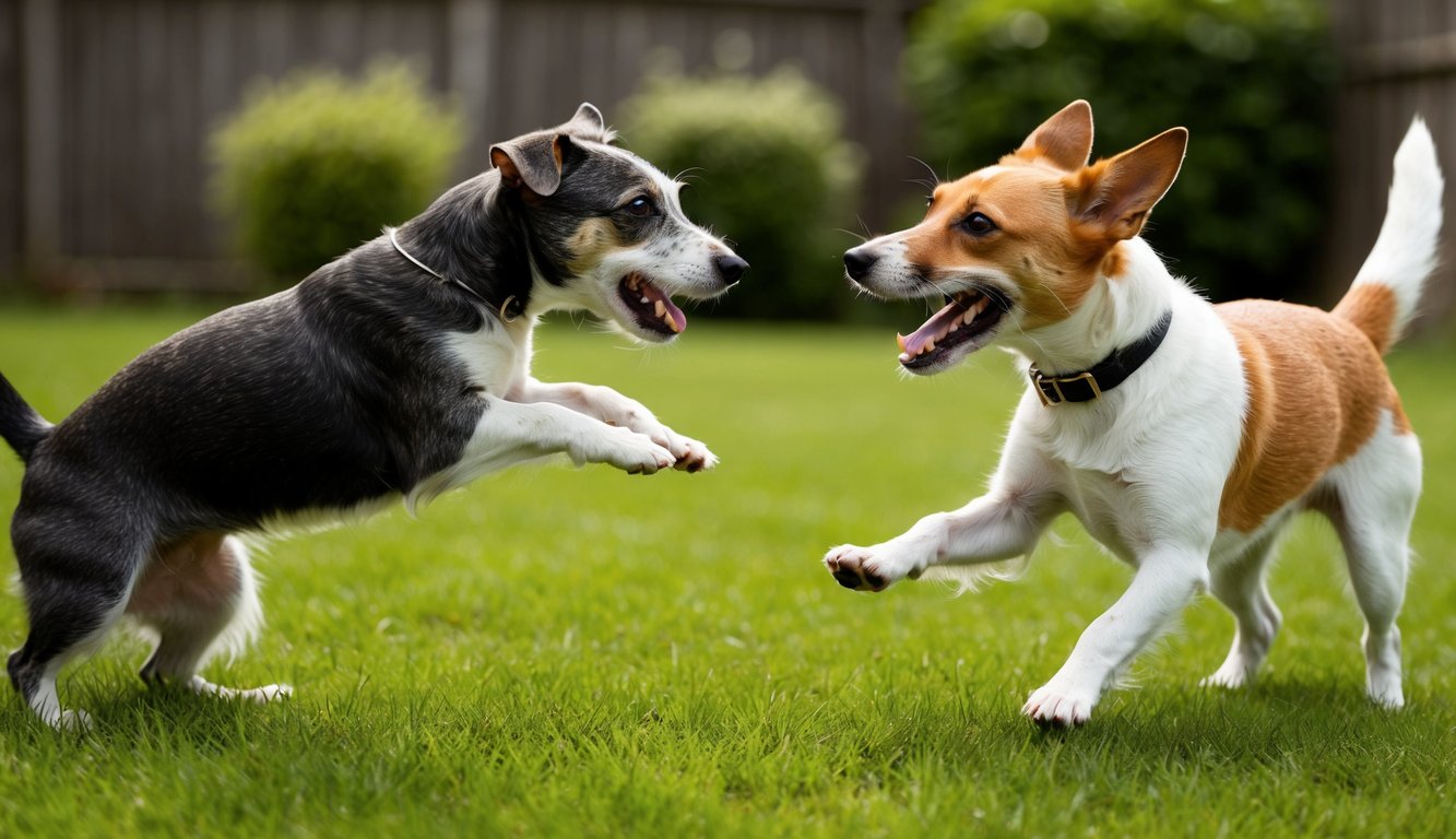 Two small dogs, including a playful Fox Terrier, are joyfully interacting on a grassy lawn, with a wooden fence and lush bushes framing their energetic antics.