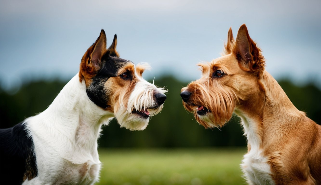 Two terrier dogs face each other on a grassy field, one with a Cairn Terrier's black and white coat and the other displaying the feisty terrier temperament with its tan fur.