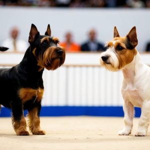 Two terriers, one black and tan Scottish Terrier, the other white and brown Cairn Terrier, stand side by side in a show ring, their Terrier Temperament evident in every alert pose.