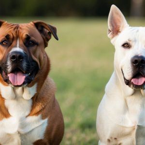 Two guardian breed dogs sit on the grass. The brown dog with a black snout, resembling a Cane Corso, is on the left. On the right, a white companion strikes a pose. Both have their ears perked up, gazing intently ahead.