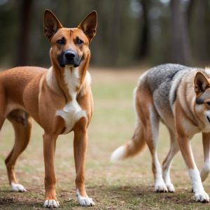 Two dogs stand on grass in a park. One is tan with pointed ears reminiscent of a Carolina Dog, and the other is gray and tan, inviting a wild canine comparison. Trees are in the blurred background.