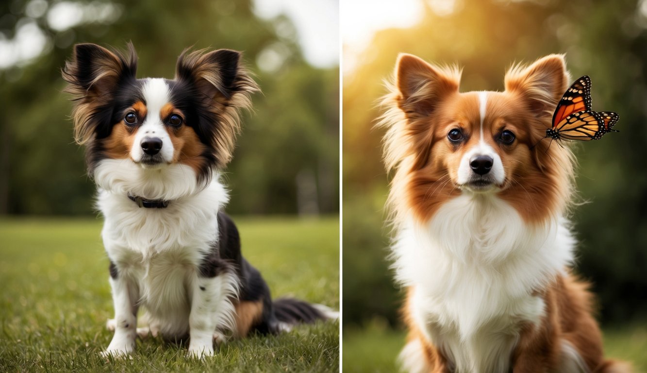 Two fluffy dogs sit on grass. The left dog has black and white fur with tan markings, resembling a Toy Breed. The right dog, a Papillon, sports orange and white fur with a butterfly gently perched on its ear, surrounded by lush greenery in the background.
