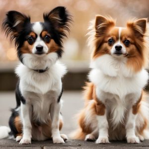 Two small dogs with fluffy coats, one a black and white Papillon known for its butterfly-like ears and the other a brown and white toy breed, sit calmly on a wooden deck. The blurred background twinkles softly with lights, adding magic to the serene scene.