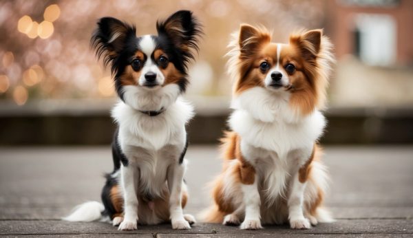 Two small dogs with fluffy coats, one a black and white Papillon known for its butterfly-like ears and the other a brown and white toy breed, sit calmly on a wooden deck. The blurred background twinkles softly with lights, adding magic to the serene scene.