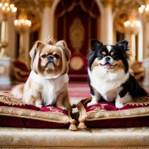 Two small companion dogs, a Pekingese and a Japanese Chin, sit on ornate cushions in an opulent room adorned with chandeliers and golden decor. The Pekingese wears a crown.