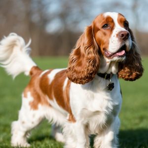 A brown and white English Cocker Spaniel with long ears stands attentively on green grass, showcasing its unique traits, tail raised, against a blurred outdoor background.