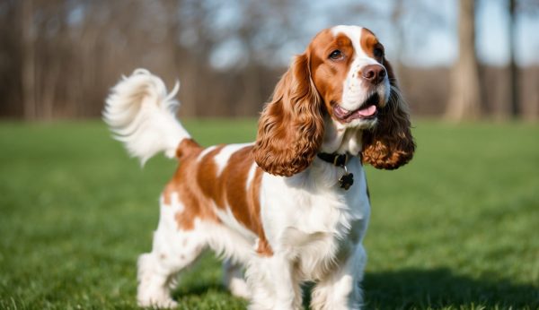 A brown and white English Cocker Spaniel with long ears stands attentively on green grass, showcasing its unique traits, tail raised, against a blurred outdoor background.