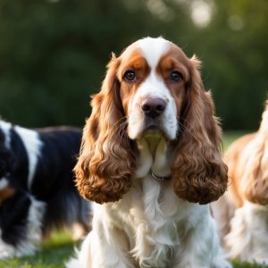 Three English Cocker Spaniels with their characteristic long ears and wavy fur sit on the grass. Two showcase golden fur while one boasts unique black and white markings, with trees softly blurred in the background.