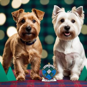 Two small dogs, a Cairn Terrier and a West Highland White Terrier, sit on a plaid surface with festive bokeh lights in the background. They are surrounded by green triangle shapes and two white miniature building models, highlighting their adorable key differences.