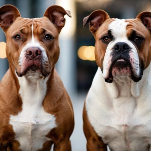 Two brown and white dogs, a Bulldog and a Pitbull Terrier, sit side by side, highlighting breed differences against a blurred urban background.
