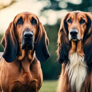 Two dogs, an Afghan Hound and a Bloodhound, with long ears and glossy coats stand side by side in a grassy area with trees in the background, showcasing their key differences in stature.