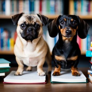 Two dogs, a puggle and a dachshund, sit on open books in front of a bookshelf filled with various reads.