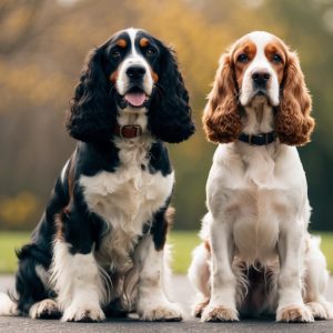 Two Cocker Spaniels, showcasing their breed differences, sit on a park path. One is black and white with floppy ears, the other is white and brown. Autumn trees serve as a vibrant backdrop.