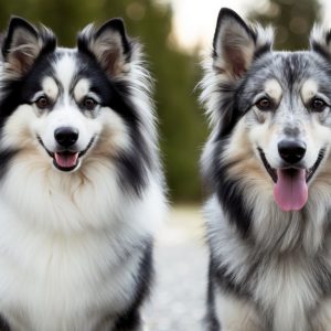 Two fluffy black and white dogs, possibly a Keeshond or Norwegian Elkhound, with perked ears, sit side by side on a gravel path, framed by trees in the blurred background.