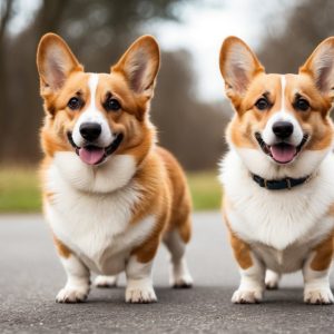 Two Pembroke Corgis stand proudly on a paved path, tongues out with joy, surrounded by a blurred background of trees and grass. Their playful demeanor highlights the key differences in their personalities.