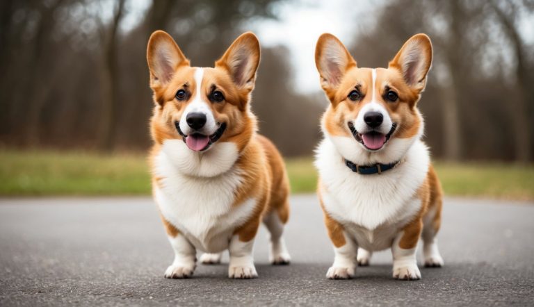 Two Pembroke Corgis stand proudly on a paved path, tongues out with joy, surrounded by a blurred background of trees and grass. Their playful demeanor highlights the key differences in their personalities.