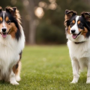 Two Shetland Sheepdogs, often mistaken for Miniature Collies, with black, white, and tan fur stand on the grass. One displays subtle breed differences as it's slightly larger than the other, both playfully panting with their tongues out.