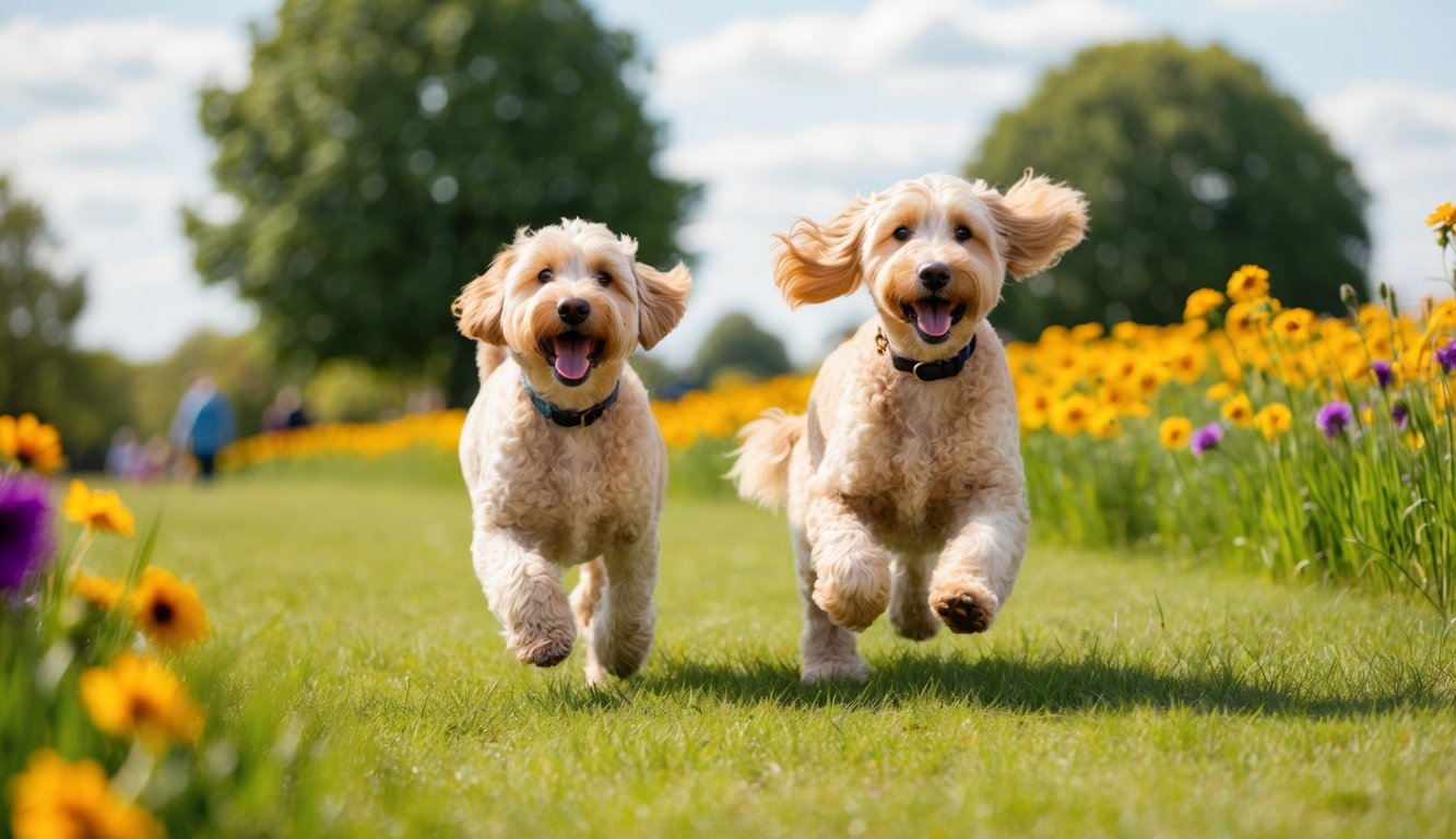 Two fluffy Goldendoodles run happily on a grassy path lined with colorful flowers and trees, under a clear blue sky.
