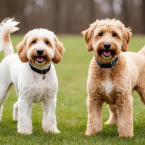 Two fluffy Goldendoodles stand on green grass, both looking at the camera with their tongues out.