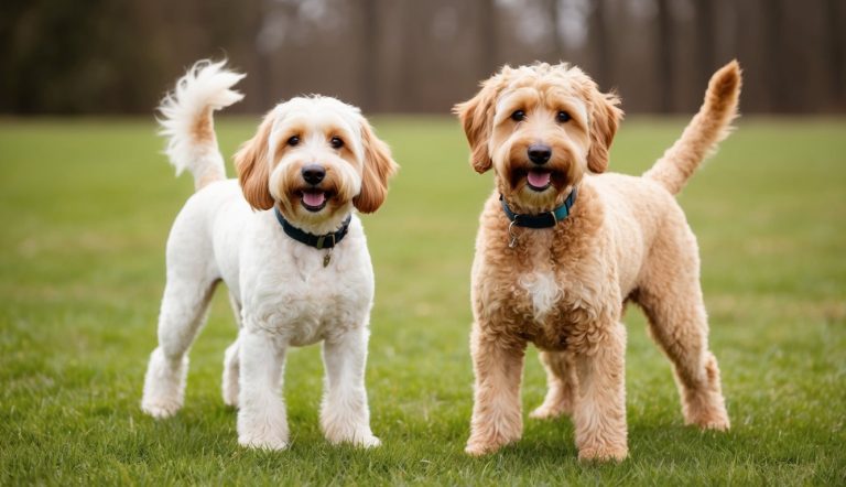 Two fluffy Goldendoodles stand on green grass, both looking at the camera with their tongues out.