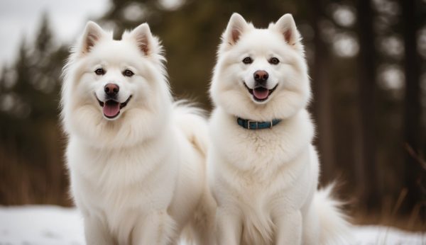 Two fluffy white American Eskimo dogs stand side by side outdoors on a snowy day, both looking at the camera.
