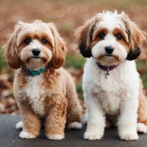 Two small, fluffy Cavapoos with wavy fur sit side by side on a paved path, surrounded by fallen leaves. Both wear collars and look directly at the camera, capturing a perfect moment for anyone choosing your pup from this adorable breed.