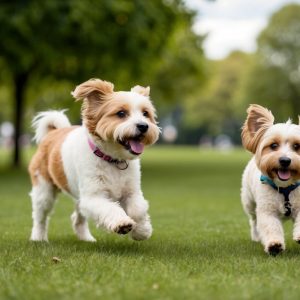Two small white and brown Cavachons with collars are joyfully running on the green grass in a park. Trees and a cloudy sky provide a serene backdrop as these playful pups frolic in their natural habitat.