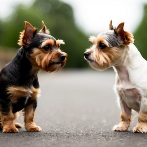 Two small dogs, possibly toy breeds, sit on a road facing each other. One has a black and brown coat reminiscent of a Yorkshire Terrier, while the other is white with brown and black patches. Lush trees provide a serene backdrop.