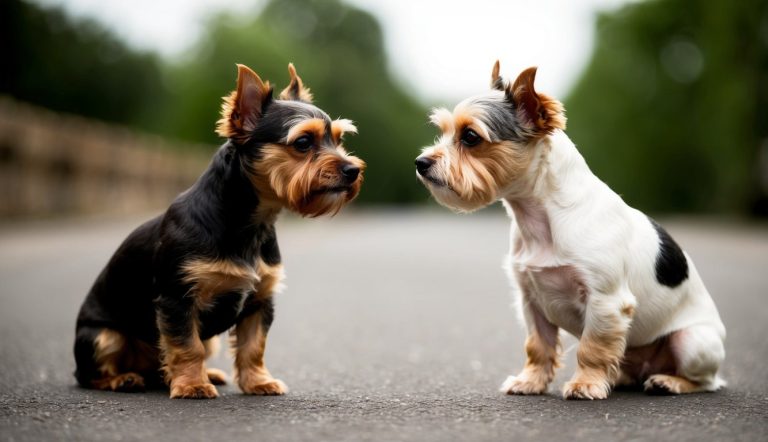Two small dogs, possibly toy breeds, sit on a road facing each other. One has a black and brown coat reminiscent of a Yorkshire Terrier, while the other is white with brown and black patches. Lush trees provide a serene backdrop.