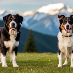 Two black, white, and tan Greater Swiss Mountain Dogs stand proudly on a grassy field with snow-capped mountains in the background.