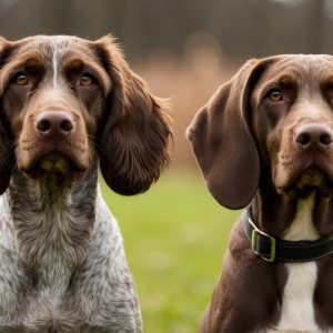 Two brown and white dogs sit side by side on the grass, looking forward. One has a speckled chest and face like a Griffon, while the other boasts a solid brown coat, reminiscent of a German Wirehaired Pointer.