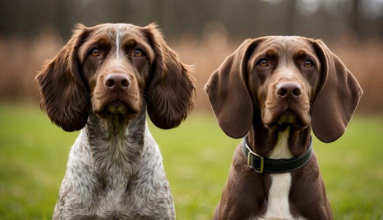 Two brown and white dogs sit side by side on the grass, looking forward. One has a speckled chest and face like a Griffon, while the other boasts a solid brown coat, reminiscent of a German Wirehaired Pointer.